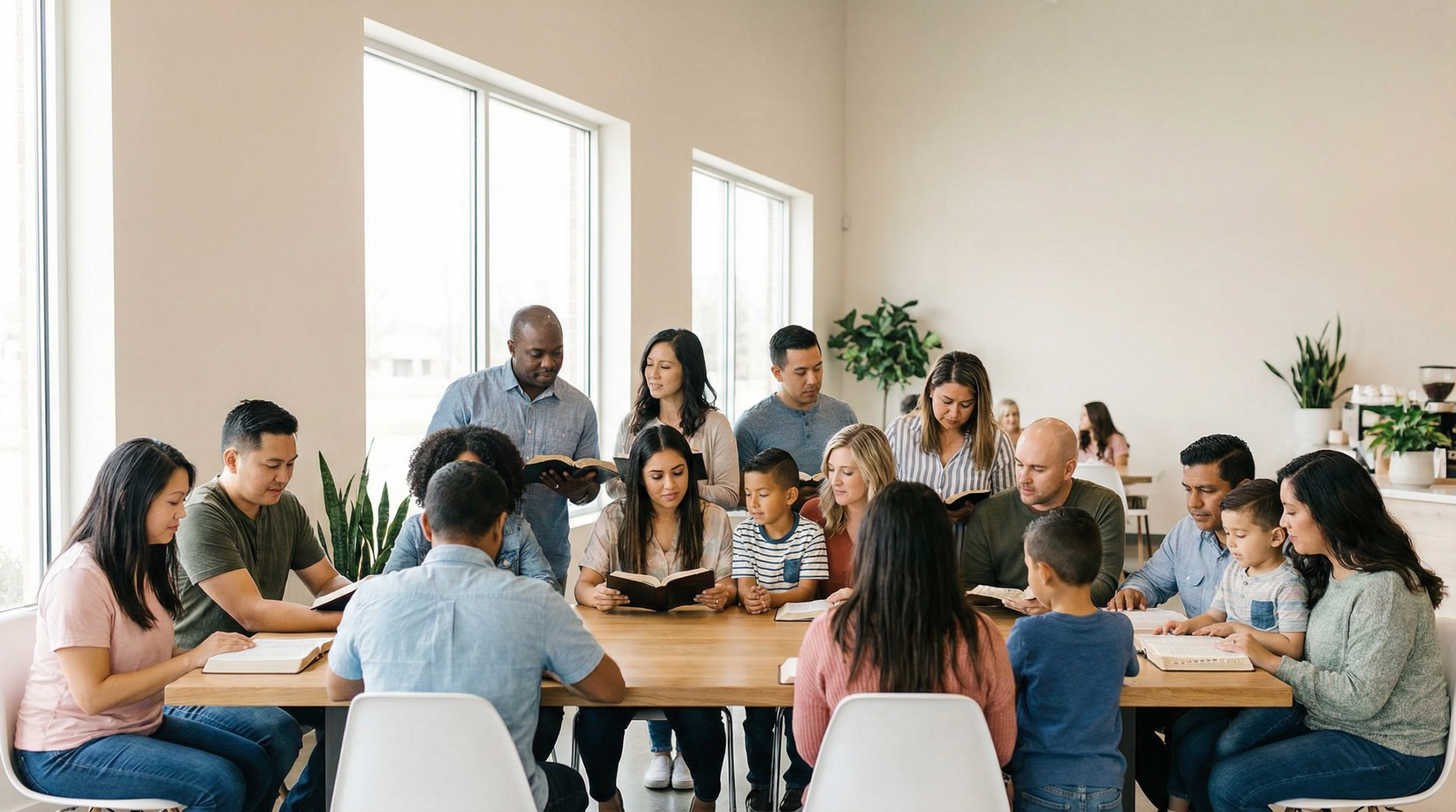 Firefly_Gemini Flash_make a wesbite banner of people gathering and reading the bible. People of all races. 85474